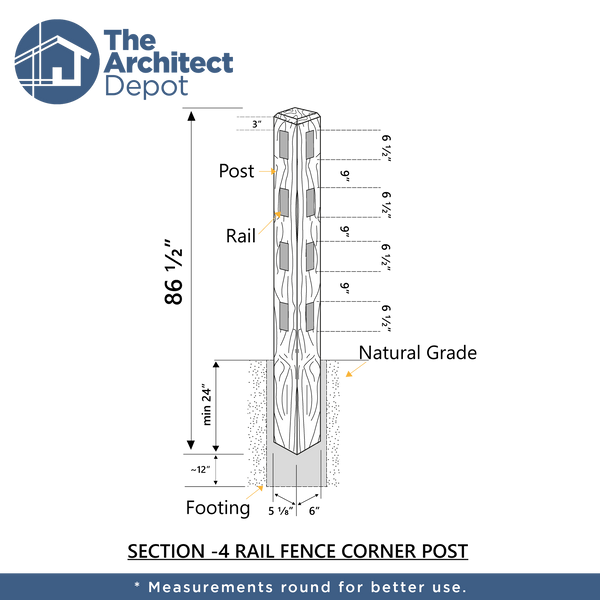 CONCRETE 4 RAIL FENCE CORNER POST (WOOD STYLE)